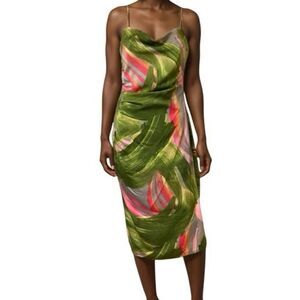 NWT BCBGMAXAZRIA Abstract Slip Dress Olive Green Size XL Midi